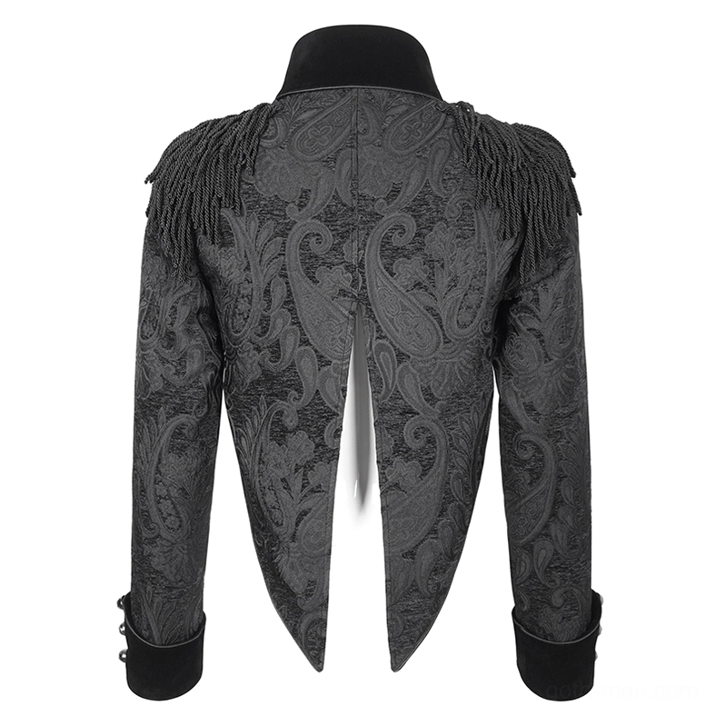 Black gothic tailcoat rear flat lay showing central back split, paisley embroidery, velvet cuffs with skull metal buttons
