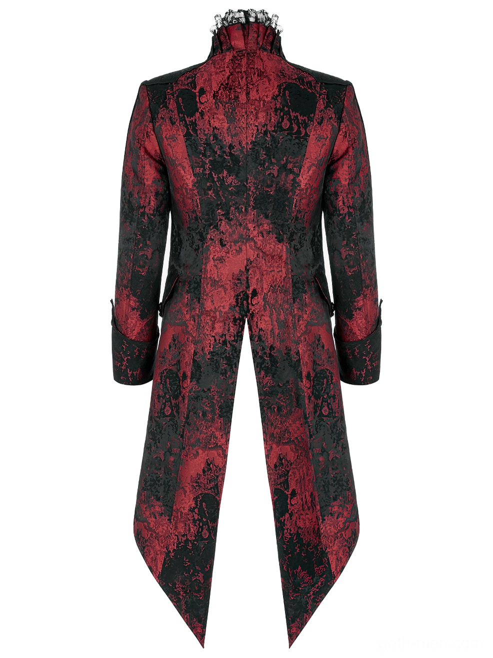Rear flat lay of gothic wine red tailcoat featuring lace high collar and decorative split tail