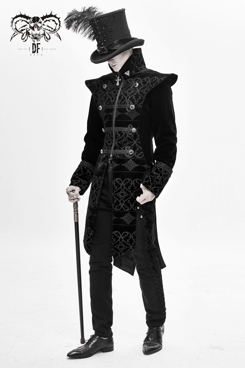 Black gothic tailcoat full length rear view emphasizing pointed shoulders and architectural silhouette