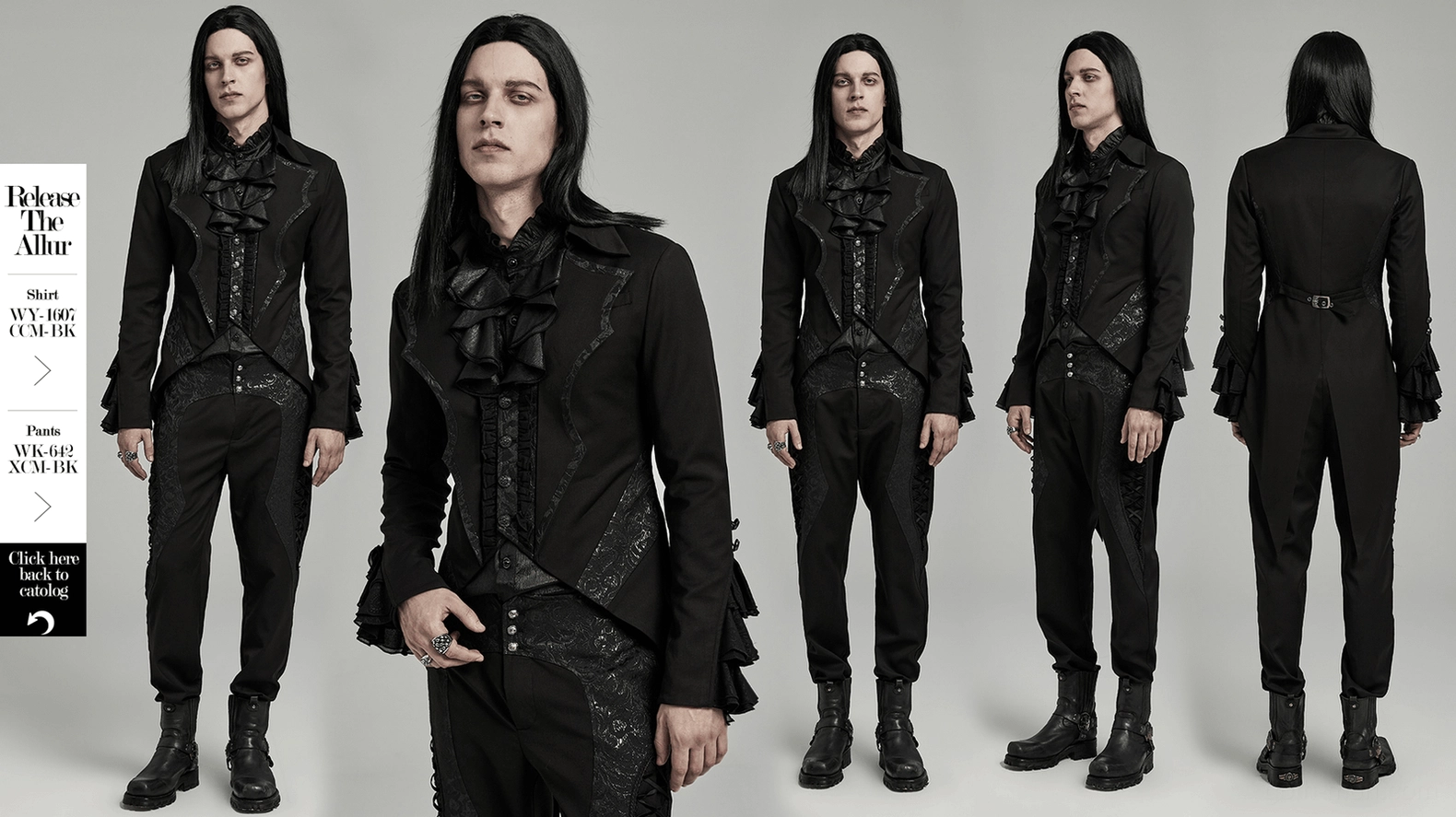 Black gothic tailcoat structural detail showing shoulder pad and sleeve seam construction
