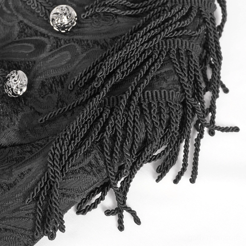 Shoulder tassel close-up showing black rope tassel fringe, skull metal buttons, and paisley jacquard base fabric