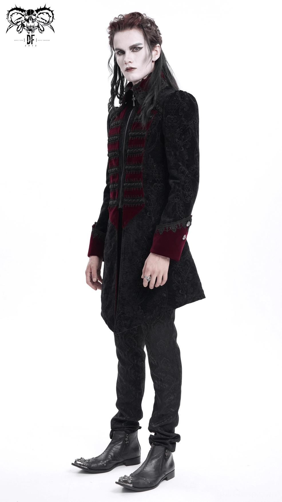 Side angle view of gothic tailcoat emphasizing fit and structural design elements