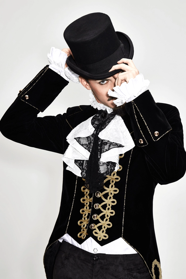 Side profile of Gothic tailcoat highlighting fitted waistline and gold-embellished tail hem design