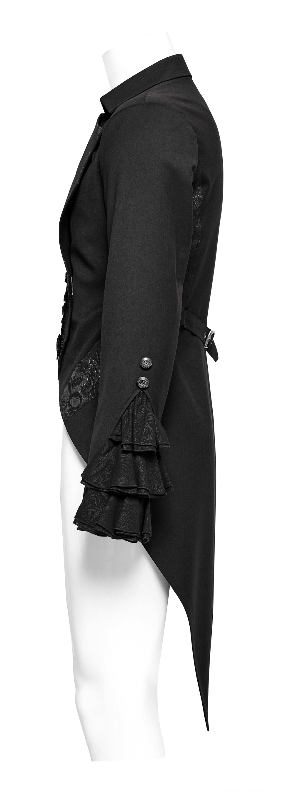 Victorian gothic tailcoat side view on mannequin, slim silhouette with ruffled cuffs and extended tail hem