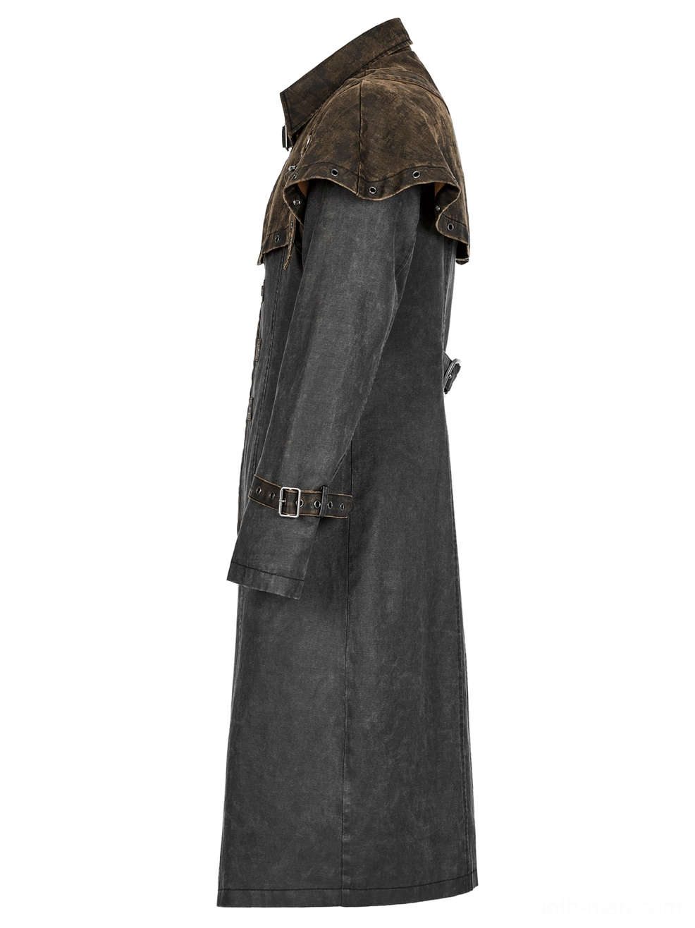 Distressed gothic tailcoat side profile showing slim long fit, cuff buckle straps, and distressed brown faux leather cape collar detail
