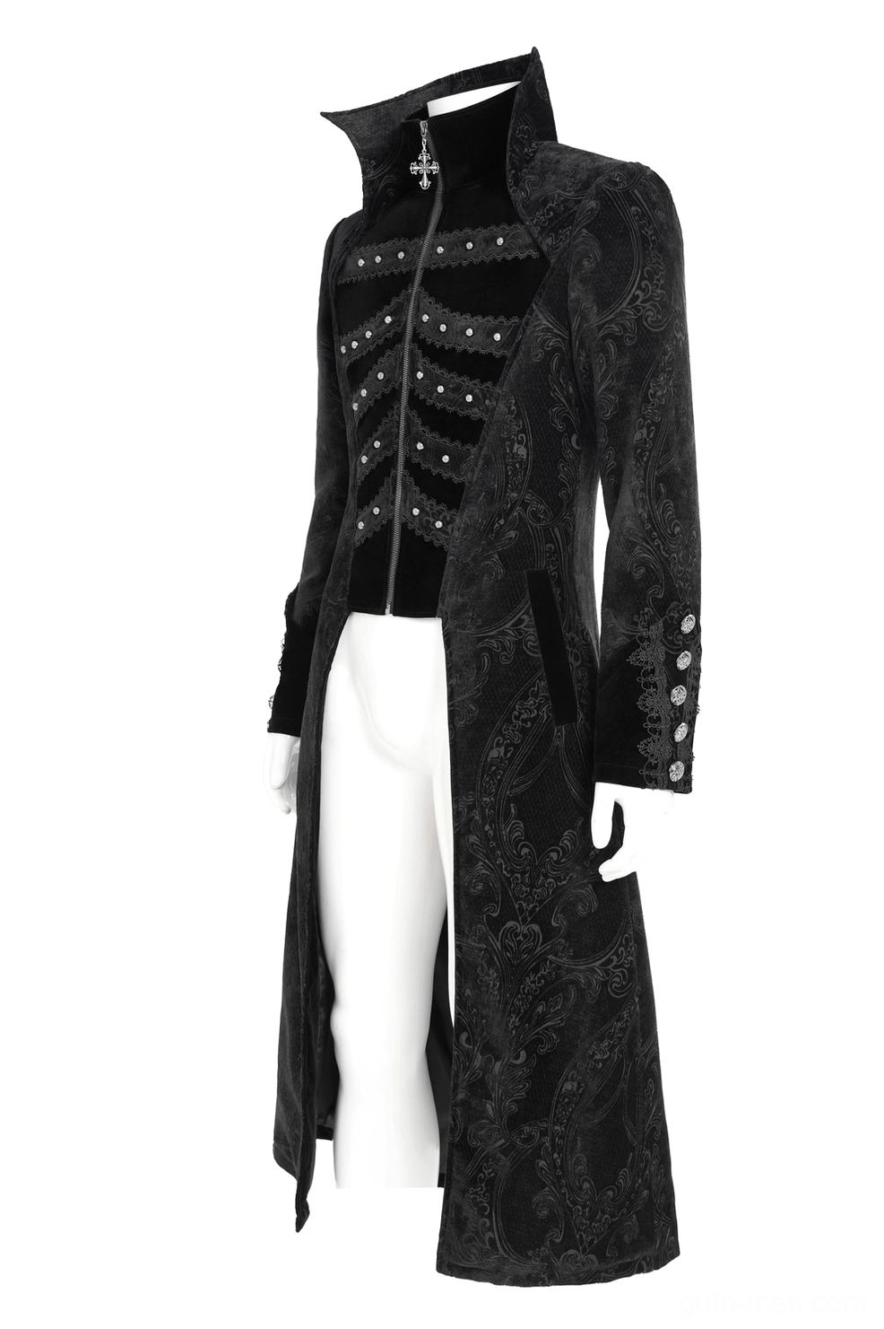 Black gothic tailcoat side three-quarter view showing cross charm collar detail, buttoned cuffs, and half-open design silhouette