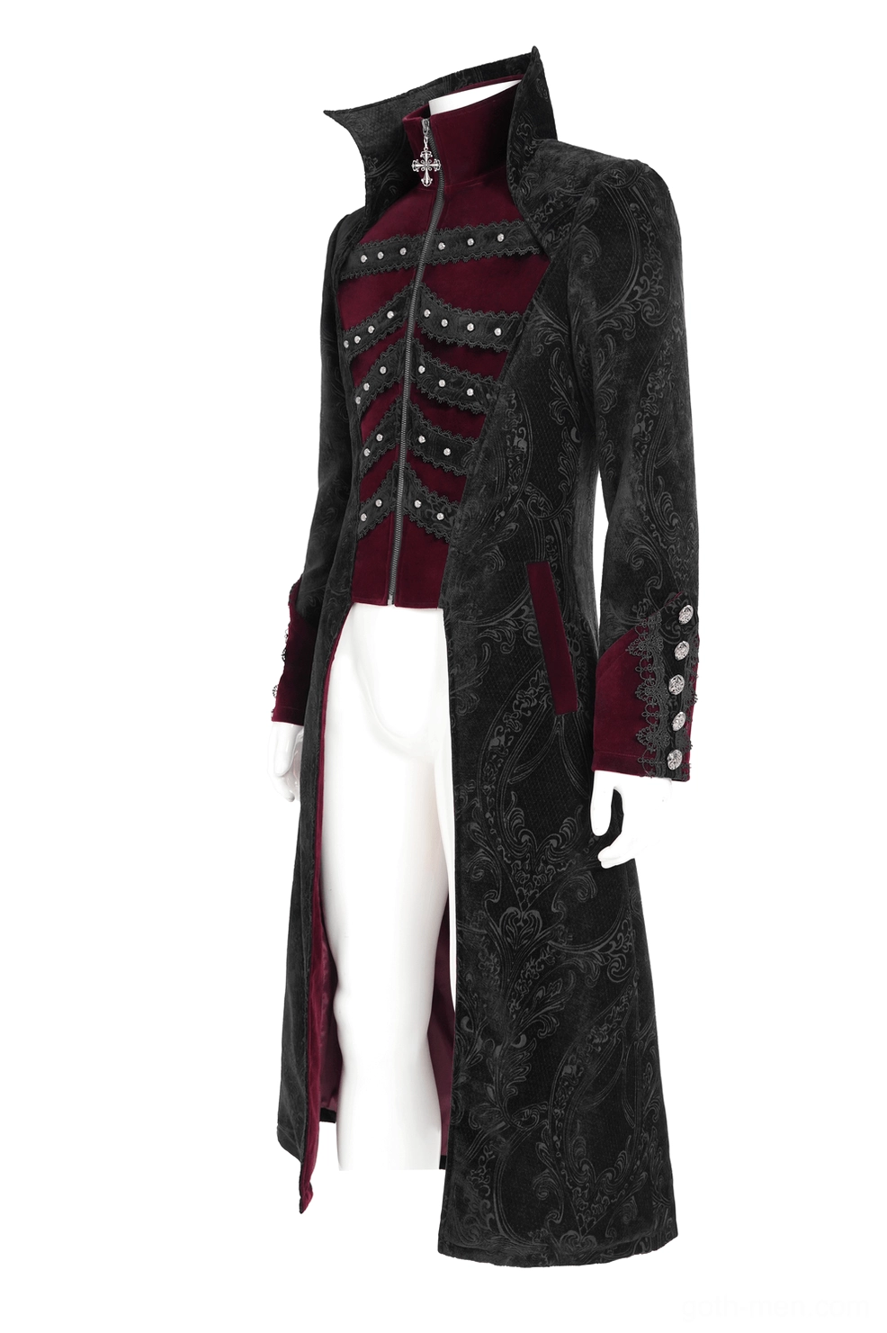Three-quarter side view of black Victorian gothic tailcoat displaying decorative cuff buttons, cross charm on collar zipper, side slit hem, and fitted silhouette