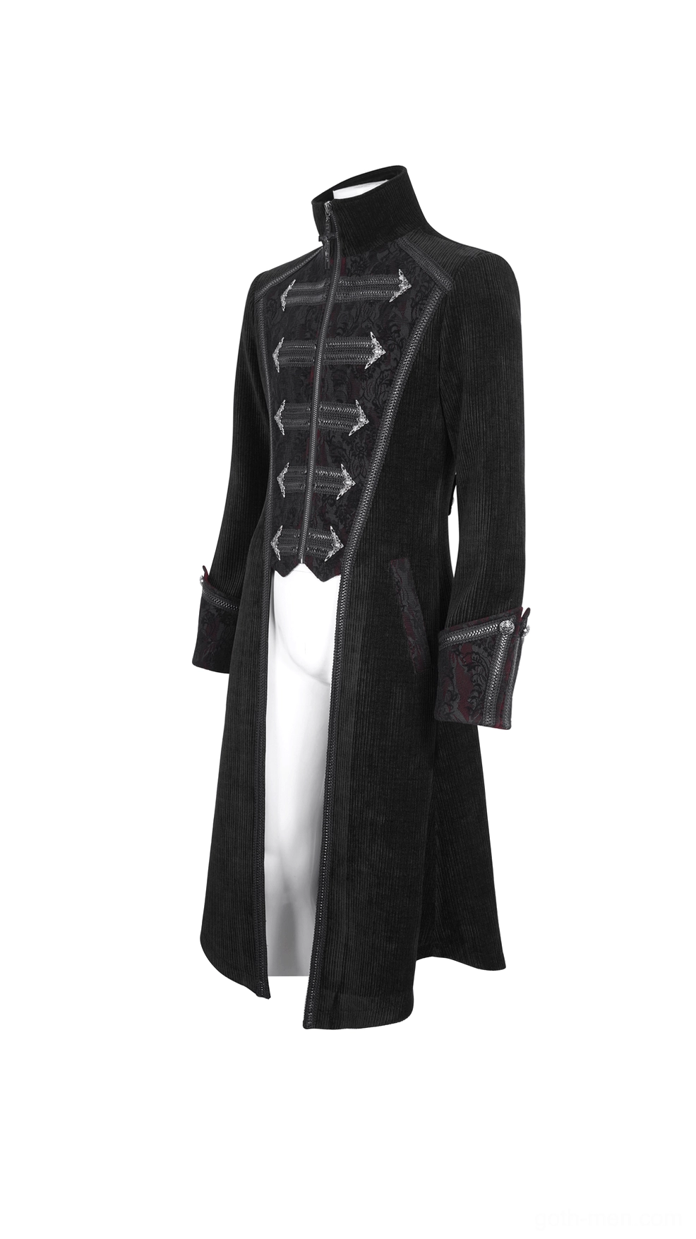 Side profile view of black gothic velvet tailcoat showing fitted silhouette and ornate front fasteners