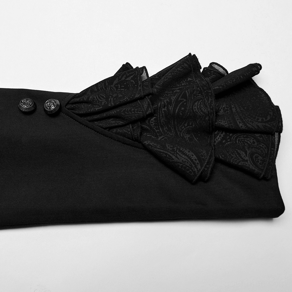 Vintage silver metal buckle and adjustable leather-style waist strap on black gothic tailcoat