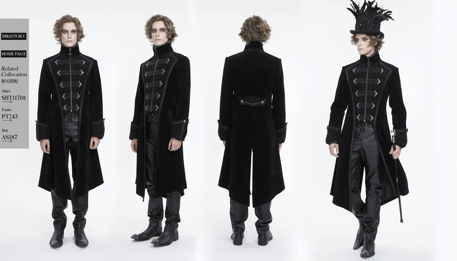 Black gothic tailcoat with ornate silver embellishments and fitted silhouette on model