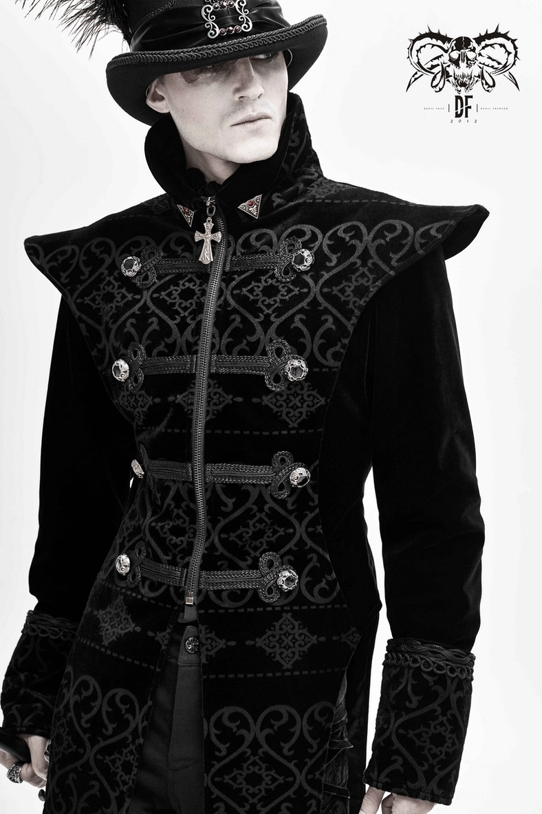 Black gothic tailcoat sleeve and cuff construction detail with embroidered gothic patterns
