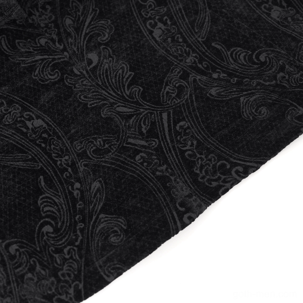 Men's gothic tailcoat sleeve and arm detail with decorative trim and fabric texture