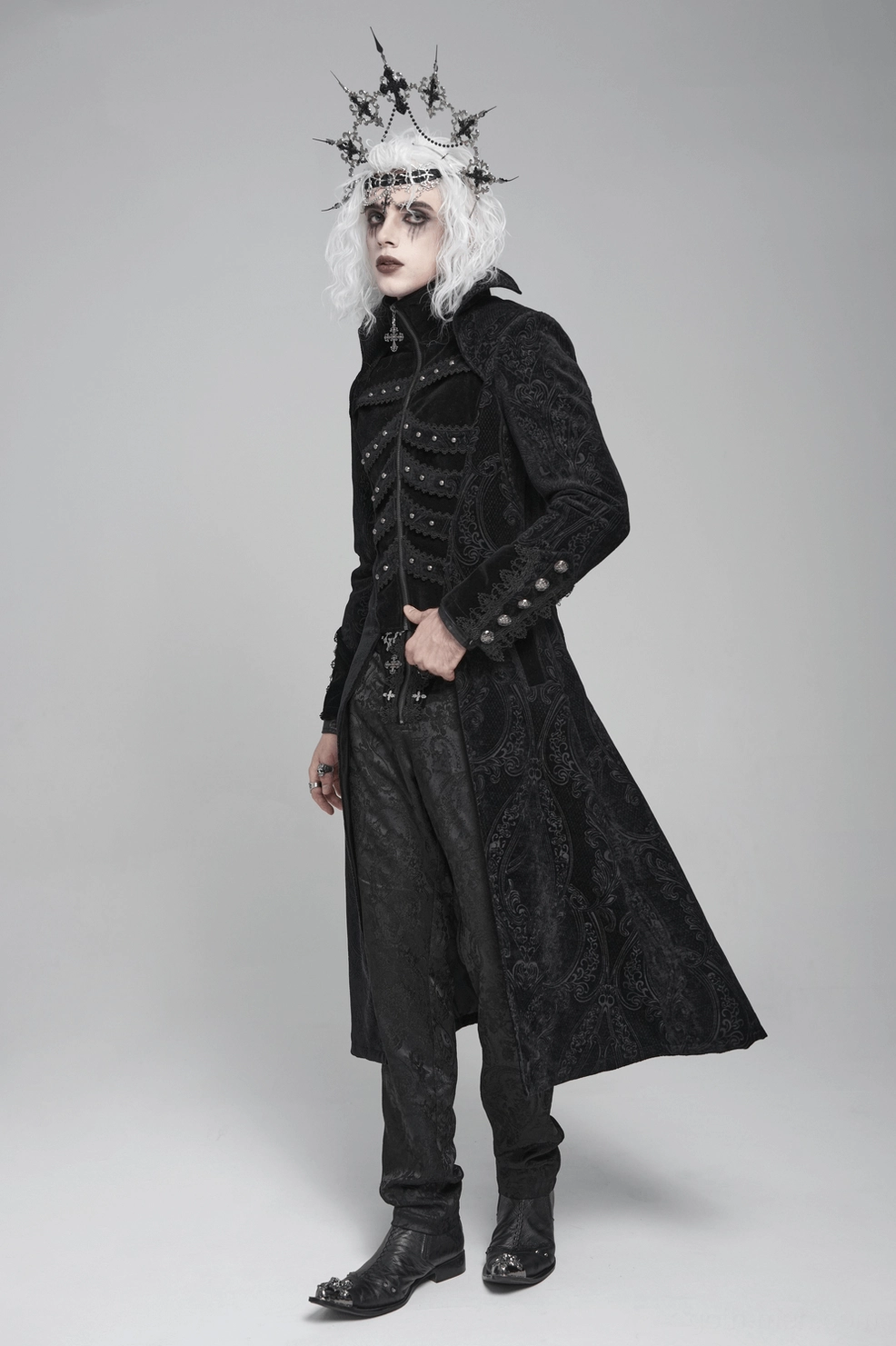 Black damask brocade gothic tailcoat showing sleeve and shoulder construction with metal details and fitted armhole