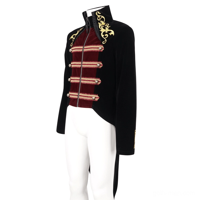 Gothic tailcoat three-quarter front view showing stand-up collar and gold floral embroidery
