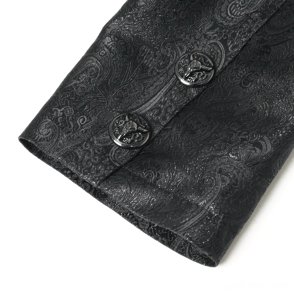 Black gothic tailcoat sleeve and cuff detail - showing structured sleeve design and decorative cuff width measurement on tailored jacket