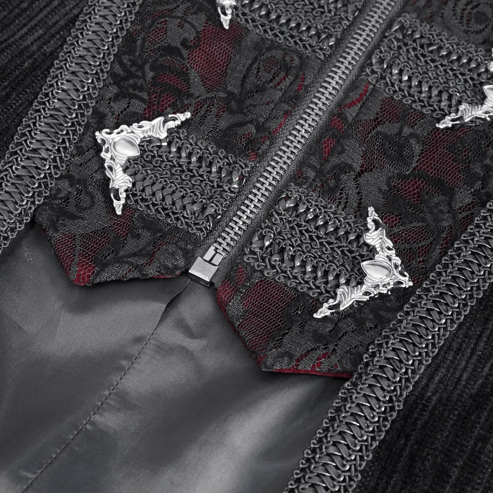 Black gothic tailcoat with embroidered details styled with accessories for dramatic effect