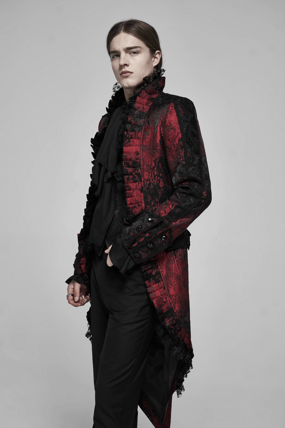 Styling inspiration for wine red gothic rococo tailcoat with formal dark aesthetic