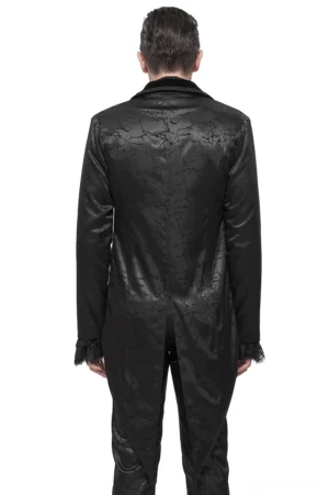 Gothic men's tailcoat suit rear view, displaying split back tail hem with intricate jacquard patterning and elegant silhouette
