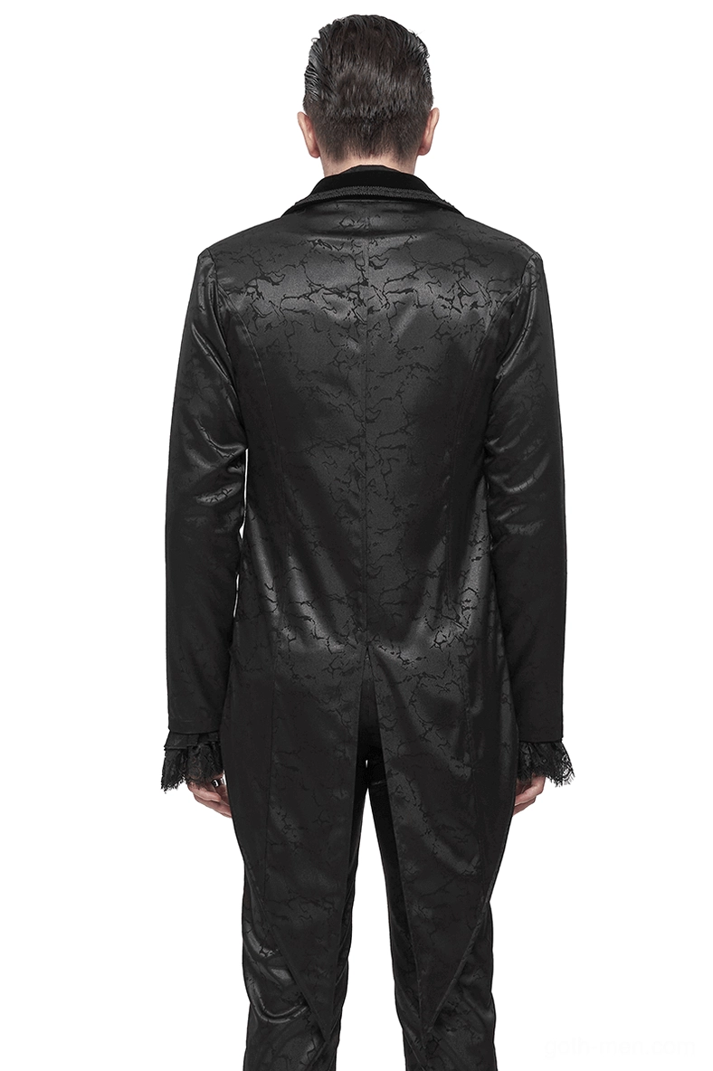 Gothic men's tailcoat suit rear view, displaying split back tail hem with intricate jacquard patterning and elegant silhouette