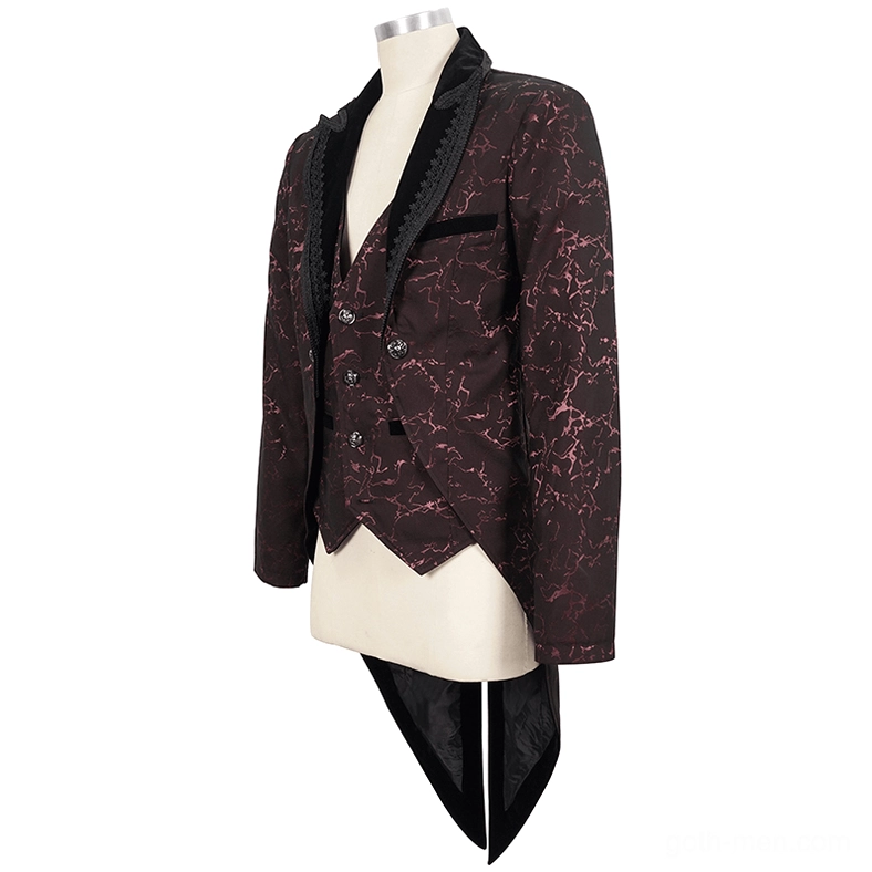 Gothic tailcoat three-quarter view showing matching waistcoat and intricate tail hem construction
