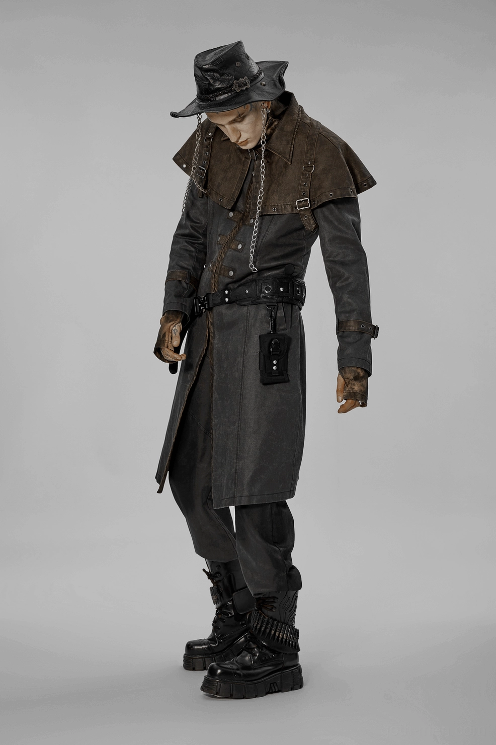 Distressed gothic tailcoat three-quarter front view displaying fitted silhouette, removable capelet with hardware, and button placement across torso