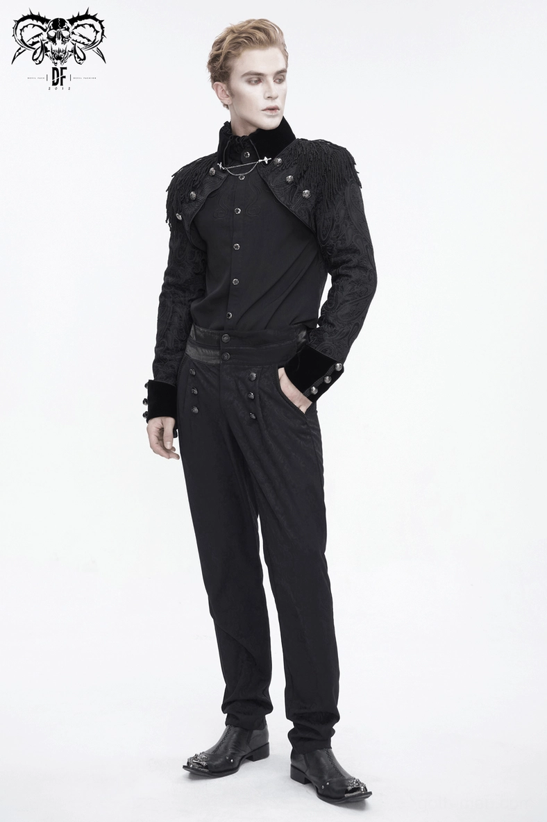 Gothic tailcoat three-quarter view highlighting shoulder tassels, velvet details, and formal tailored silhouette