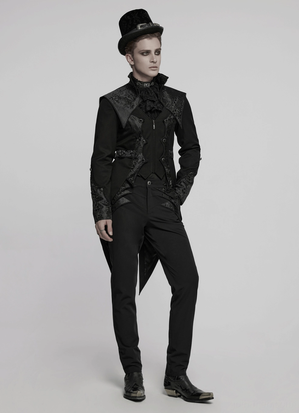 Black gothic tailcoat tuxedo fabric composition and measurement instruction guide for proper sizing