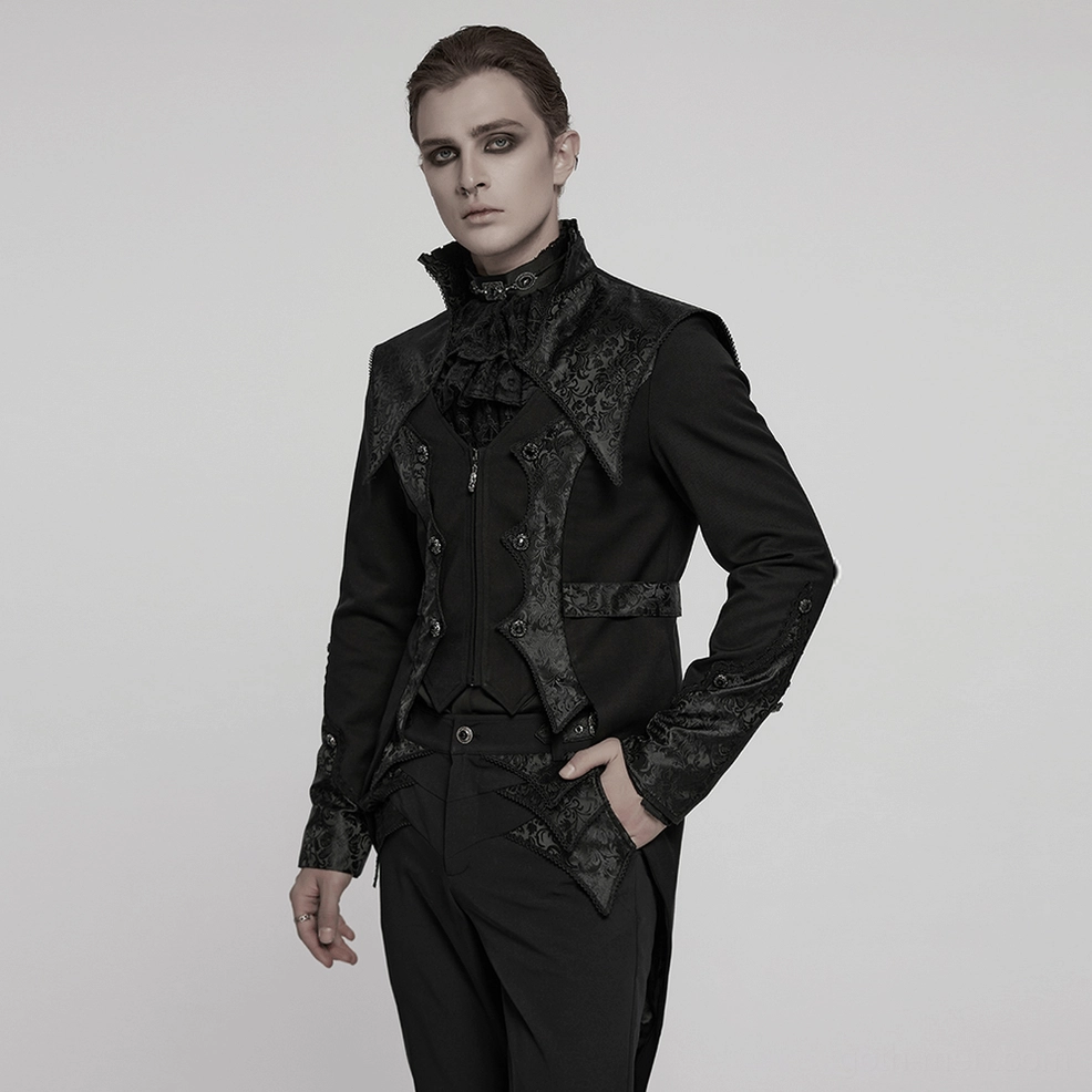 Model wearing black gothic tailcoat tuxedo full back body shot showcasing architectural silhouette