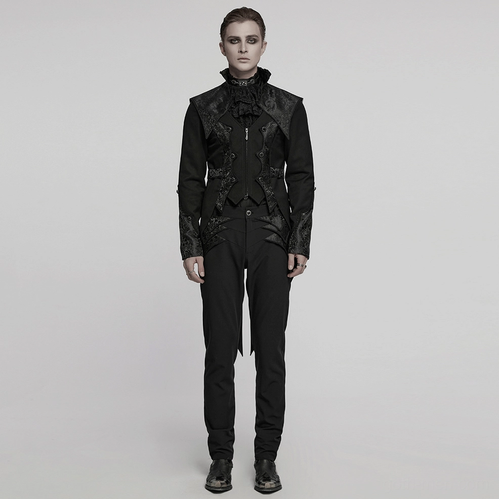 Model wearing black gothic tailcoat tuxedo three-quarter view demonstrating tailored fit and design details
