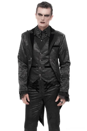 Black gothic two-piece tailcoat suit with jacquard fabric and lace trim, front full view on male model, showcasing split tail hem and velvet collar