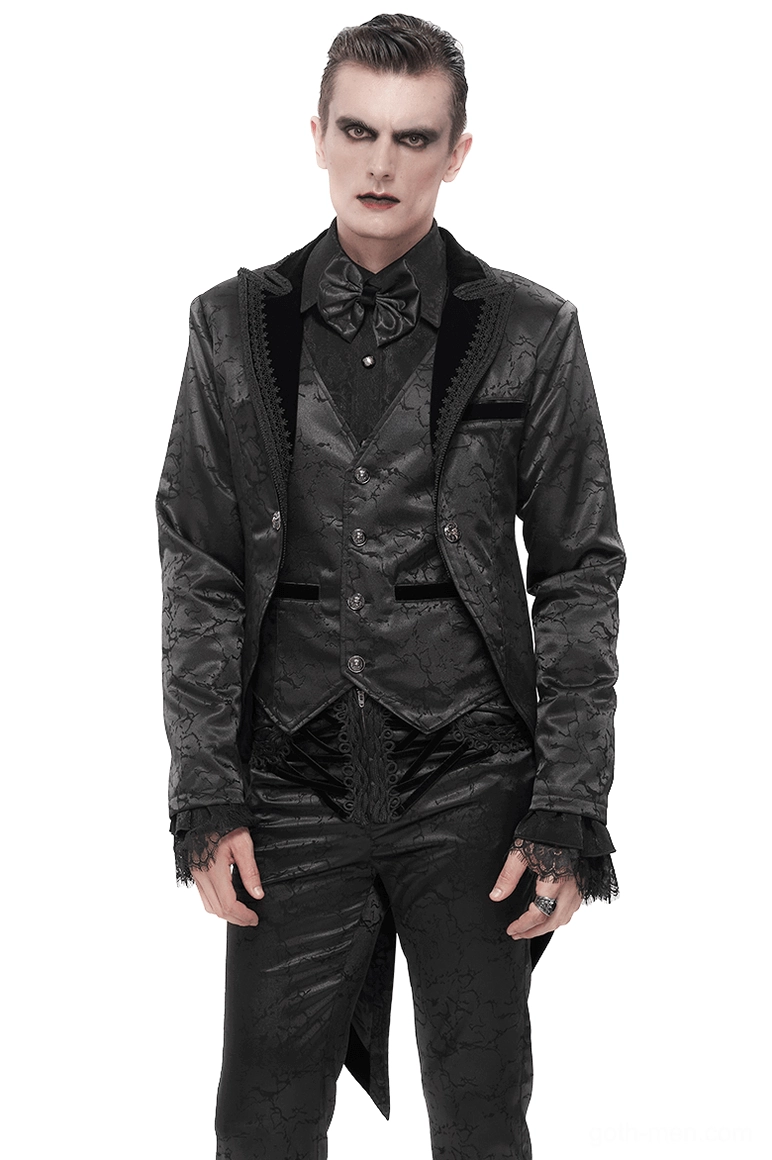 Black gothic two-piece tailcoat suit with jacquard fabric and lace trim, front full view on male model, showcasing split tail hem and velvet collar