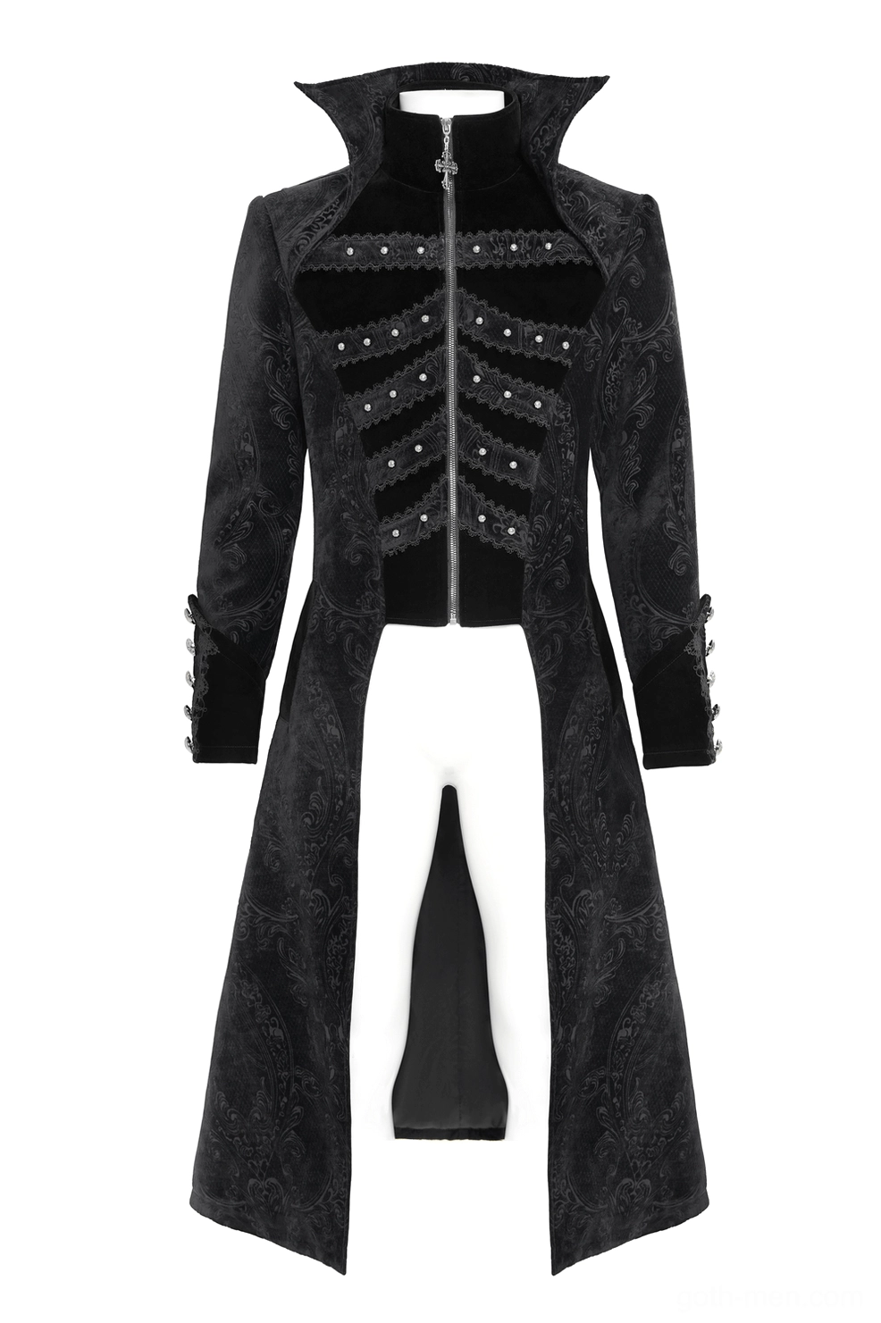 Black velvet front panel gothic tailcoat mannequin display, showing brocade sleeves and decorative zipper front closure