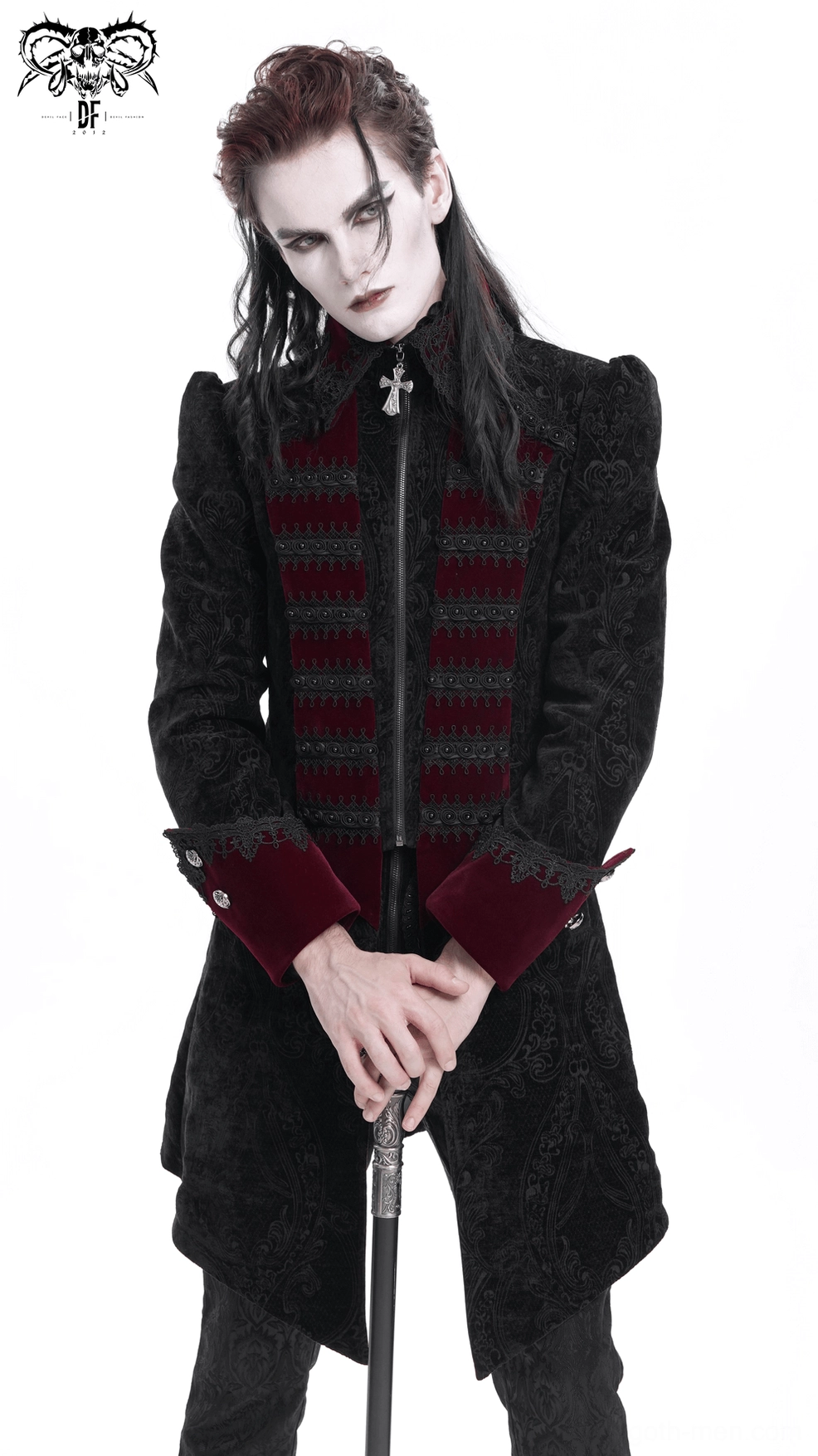 Alternative view of men's gothic tailcoat highlighting velvet panels and tailored construction