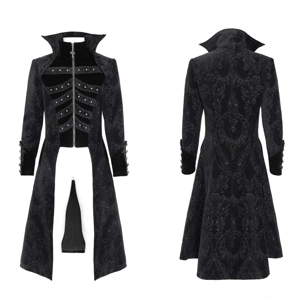 Black gothic tailcoat on mannequin display, showing studded skeleton front panel, zipper closure, and high collar detail
