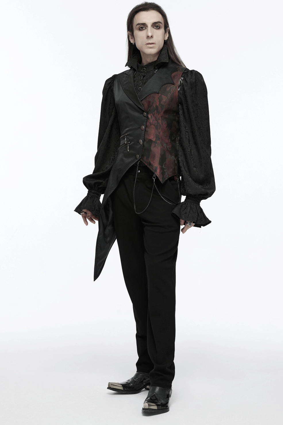 Gothic tailcoat vest displaying asymmetrical tailcoat hem, decorative chain elements, and alternative fashion styling