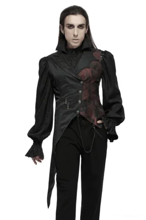 Black gothic tailcoat vest with crimson brocade front panel, silver chain accents, and asymmetrical hem on male model front view