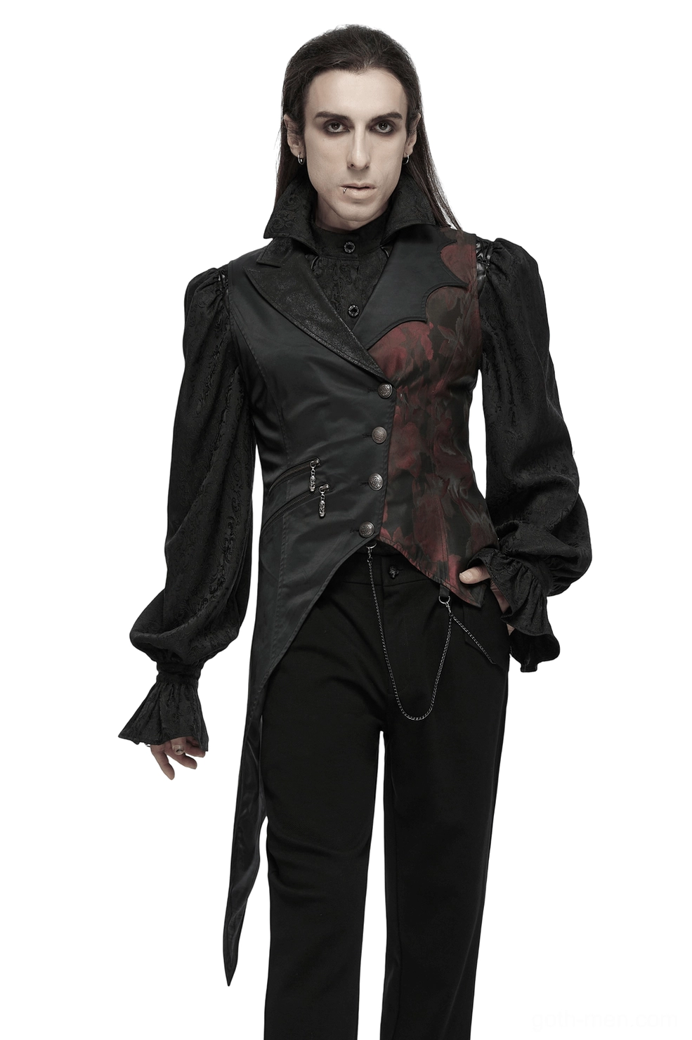 Black gothic tailcoat vest with crimson brocade front panel, silver chain accents, and asymmetrical hem on male model front view