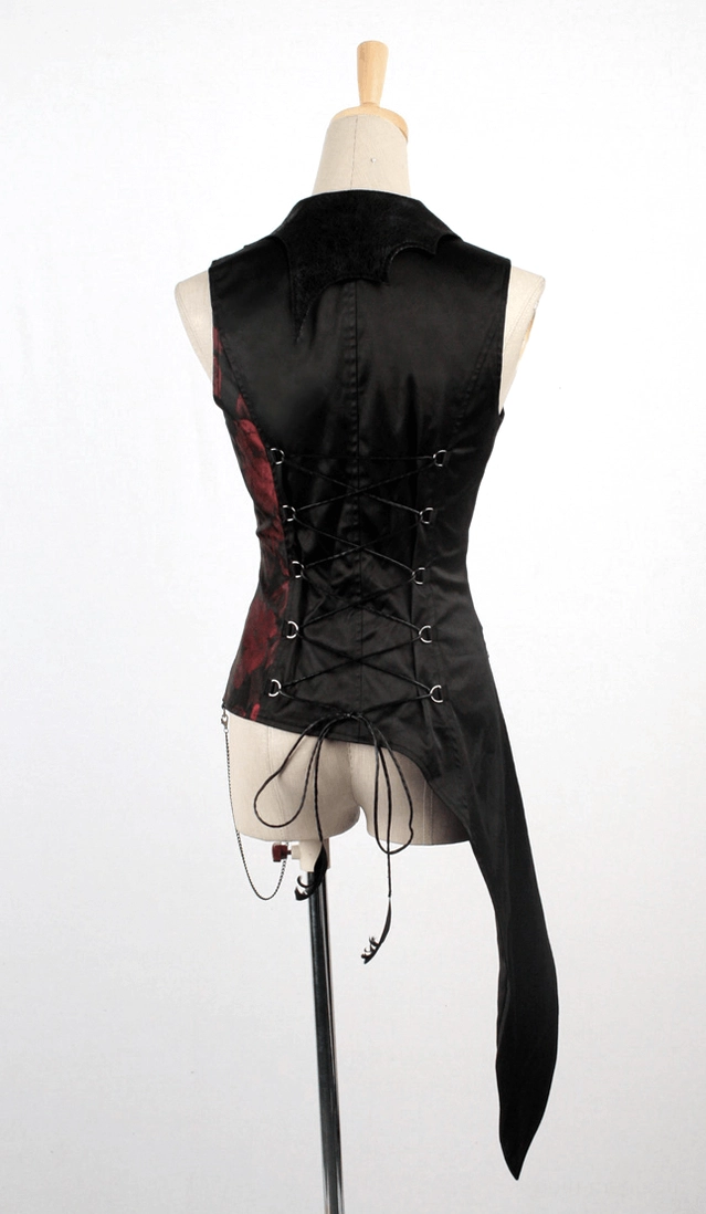Rear view of black gothic sleeveless tailcoat vest showing corset lace-up back, long asymmetric tail hem, and metal hardware chains