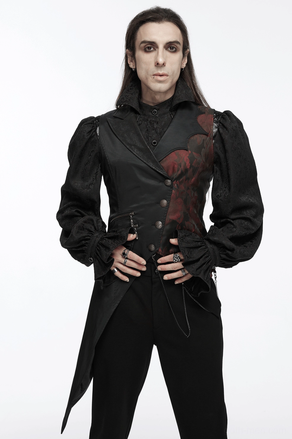 Black gothic tailcoat vest with metal hardware, crimson brocade accents, and ornamental chain details for dark romantic fashion
