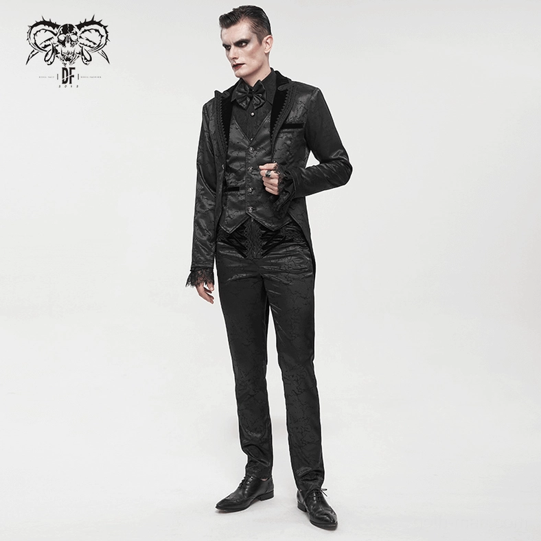 Gothic tailcoat two-piece suit vest detail, highlighting embossed buttons and front panel construction