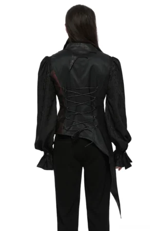 Black gothic tailcoat vest rear view showing lace-up corset back, long asymmetric tail hem, and ruffled puff sleeves