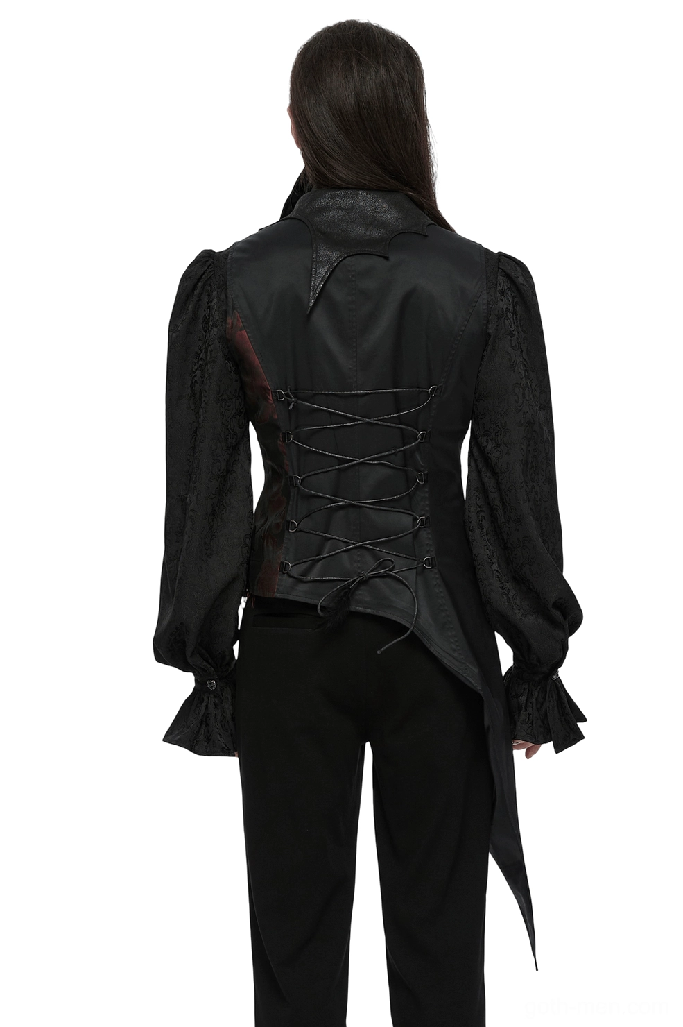 Black gothic tailcoat vest rear view showing lace-up corset back, long asymmetric tail hem, and ruffled puff sleeves