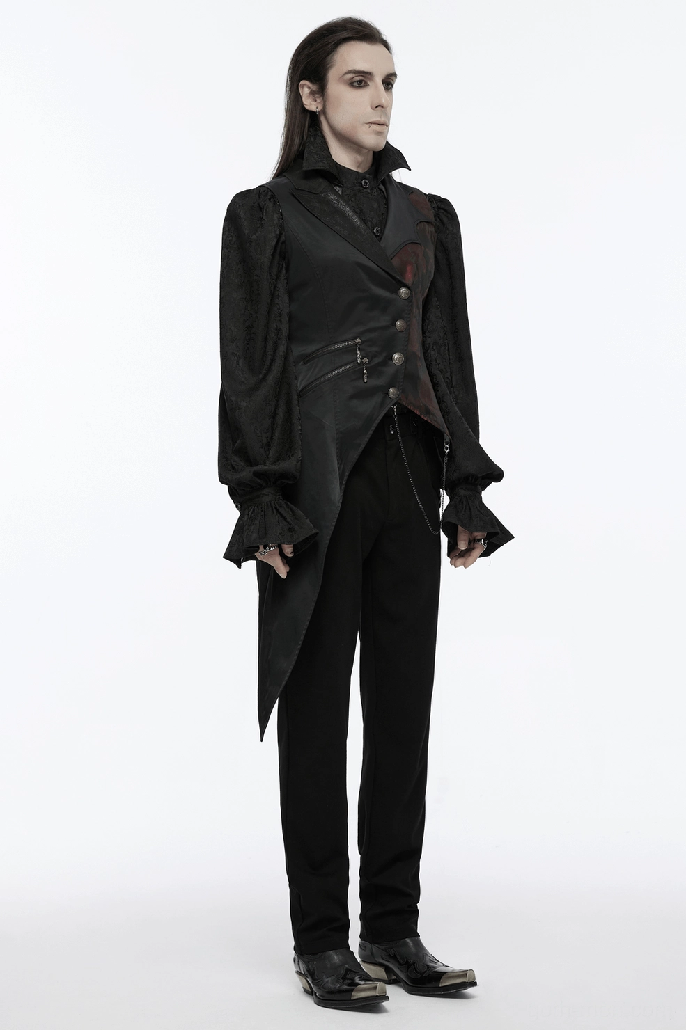 Black gothic tailcoat vest with ornate metal hardware, crimson brocade panel, and lace-up back corset styling detail
