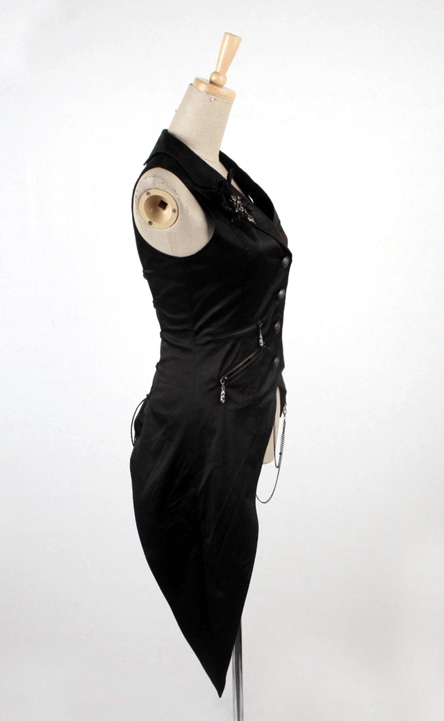 Right side view of black gothic tailcoat vest featuring satin fabric, side zipper with skull pulls, and metal chain accents