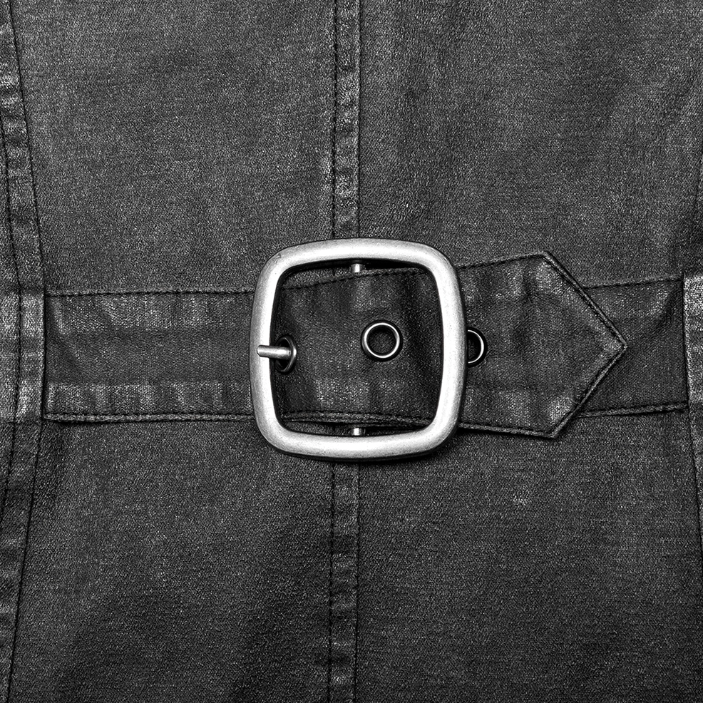 Close-up of distressed gothic tailcoat waist buckle detail showing square metal hardware, stitched fabric panel, and functional fastening mechanism