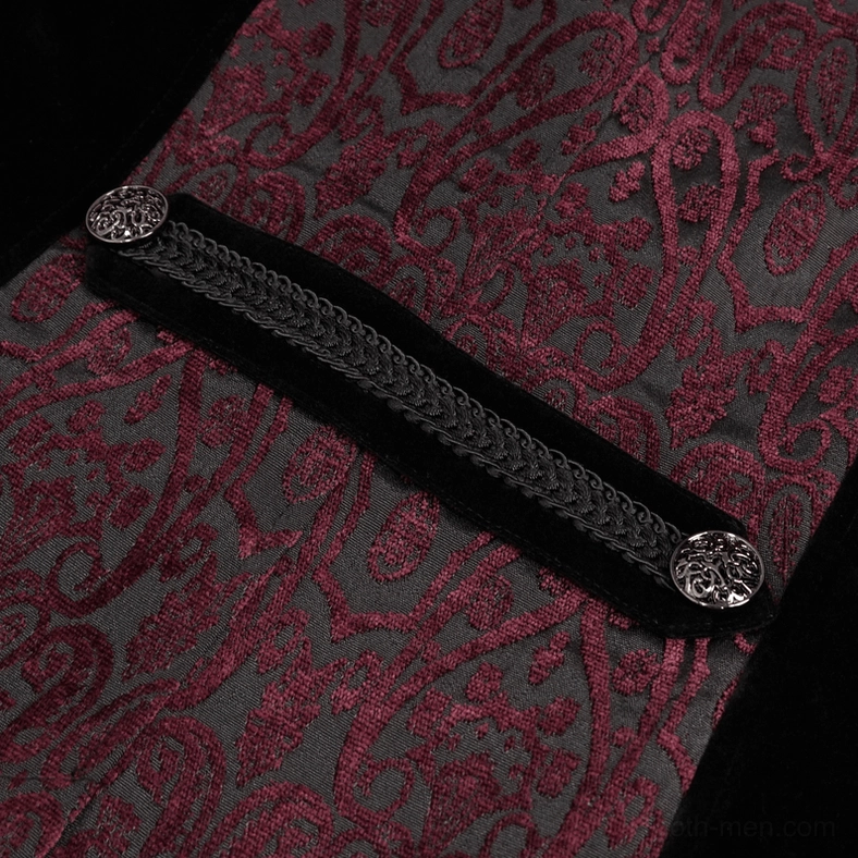 Close-up top view of gothic tailcoat waist strap detail featuring braided black trim, engraved metal fastener, and damask jacquard fabric