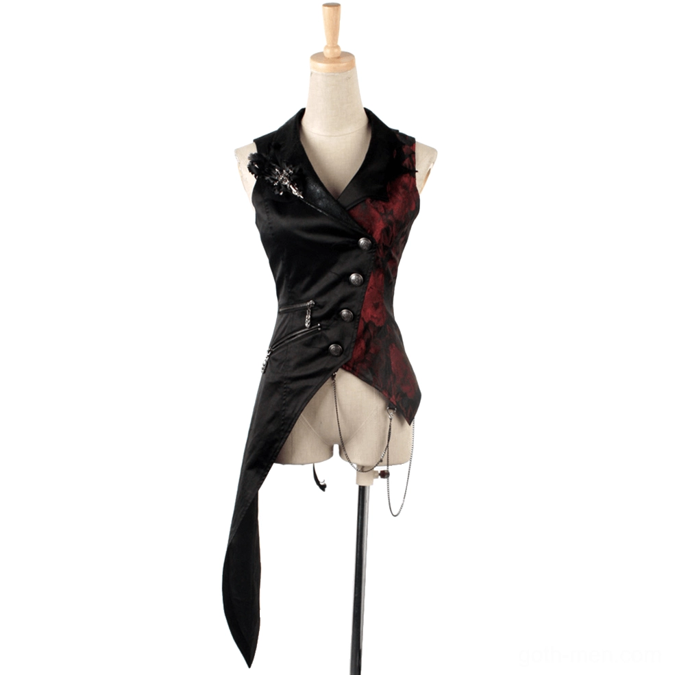 Black gothic sleeveless tailcoat vest on dress form with red brocade panel, metal brooch, and decorative chain details