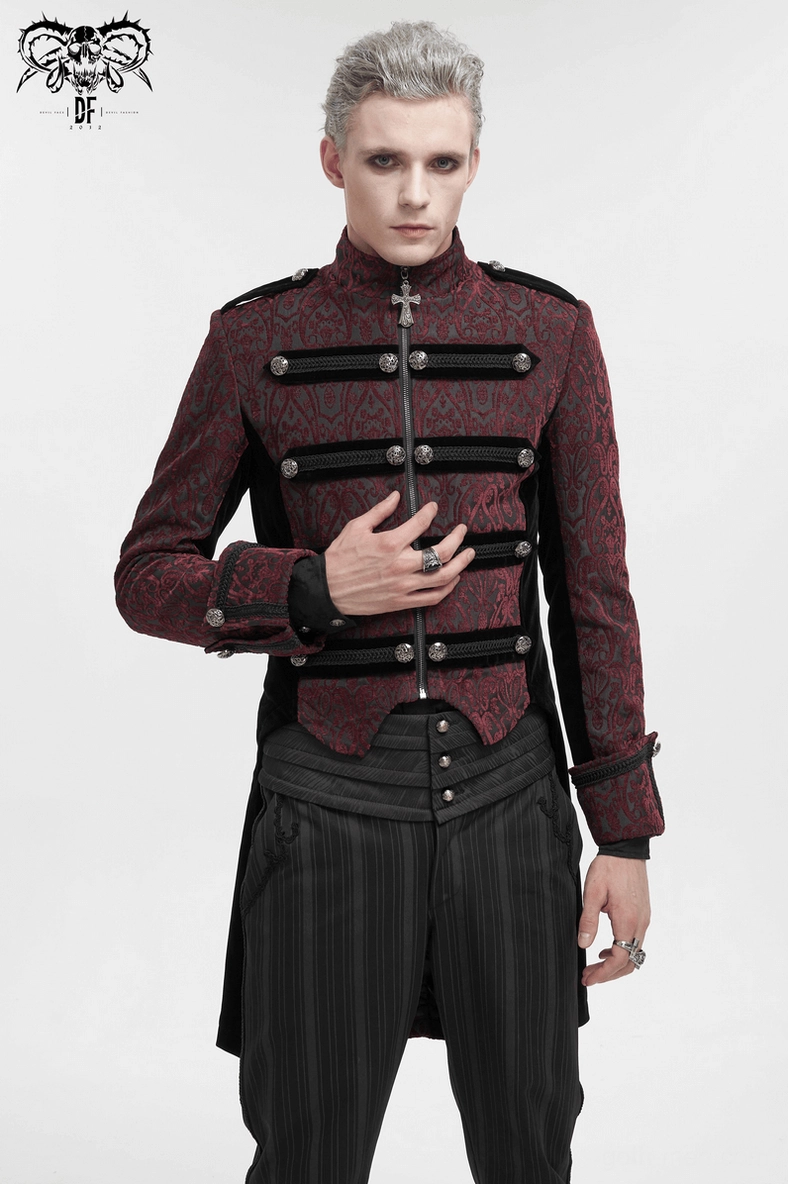 Men's wine red gothic tailcoat three-quarter back angle displaying black velvet panel construction and military decorative strap placement