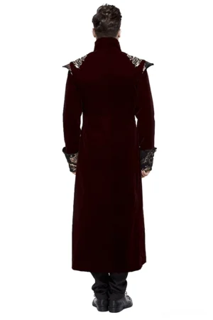 Gothic wine red long coat rear view showing tailored silhouette and back gold shoulder details
