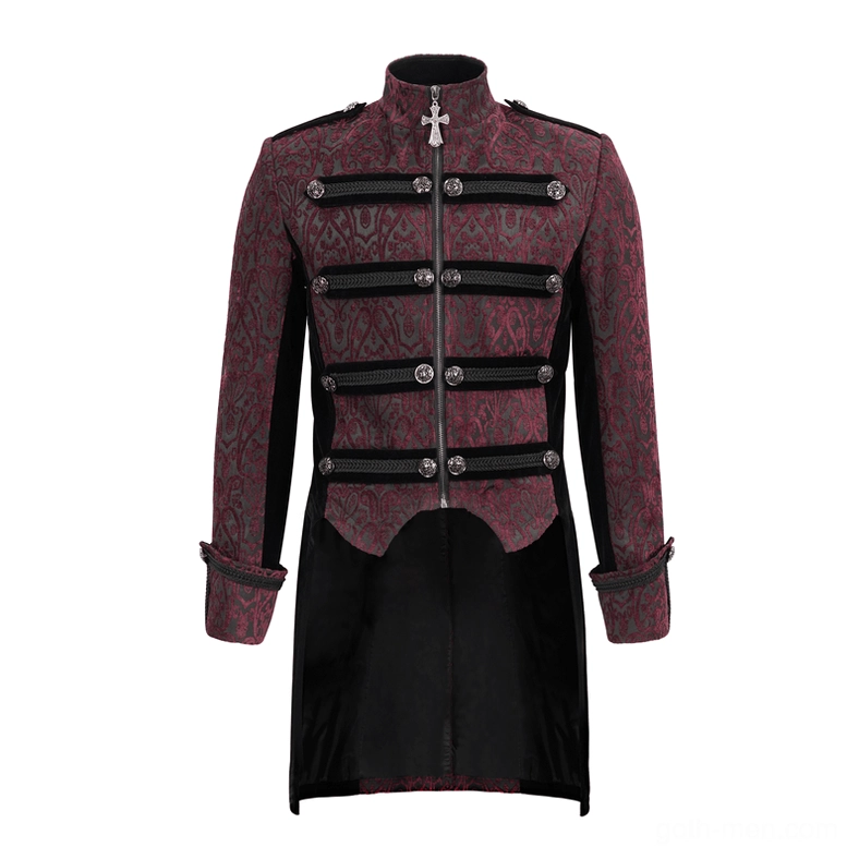 Wine red gothic tailcoat flat lay front view detail showing cross ornament on stand collar, cross pendant zipper, and military front straps